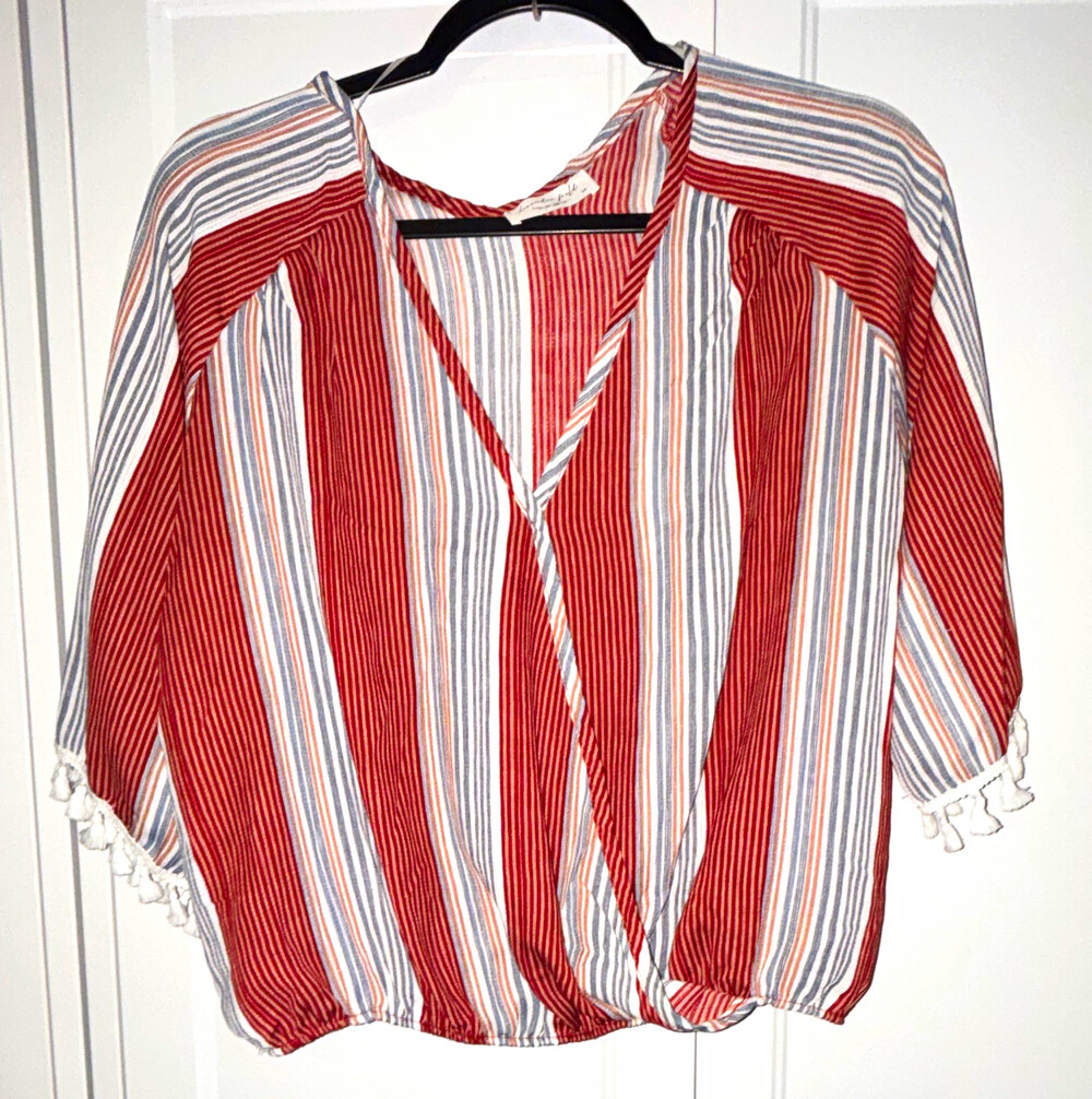 Lavender Field Women's Striped V-Neck 3/4 Sleeve Tasseled Blouse Size M